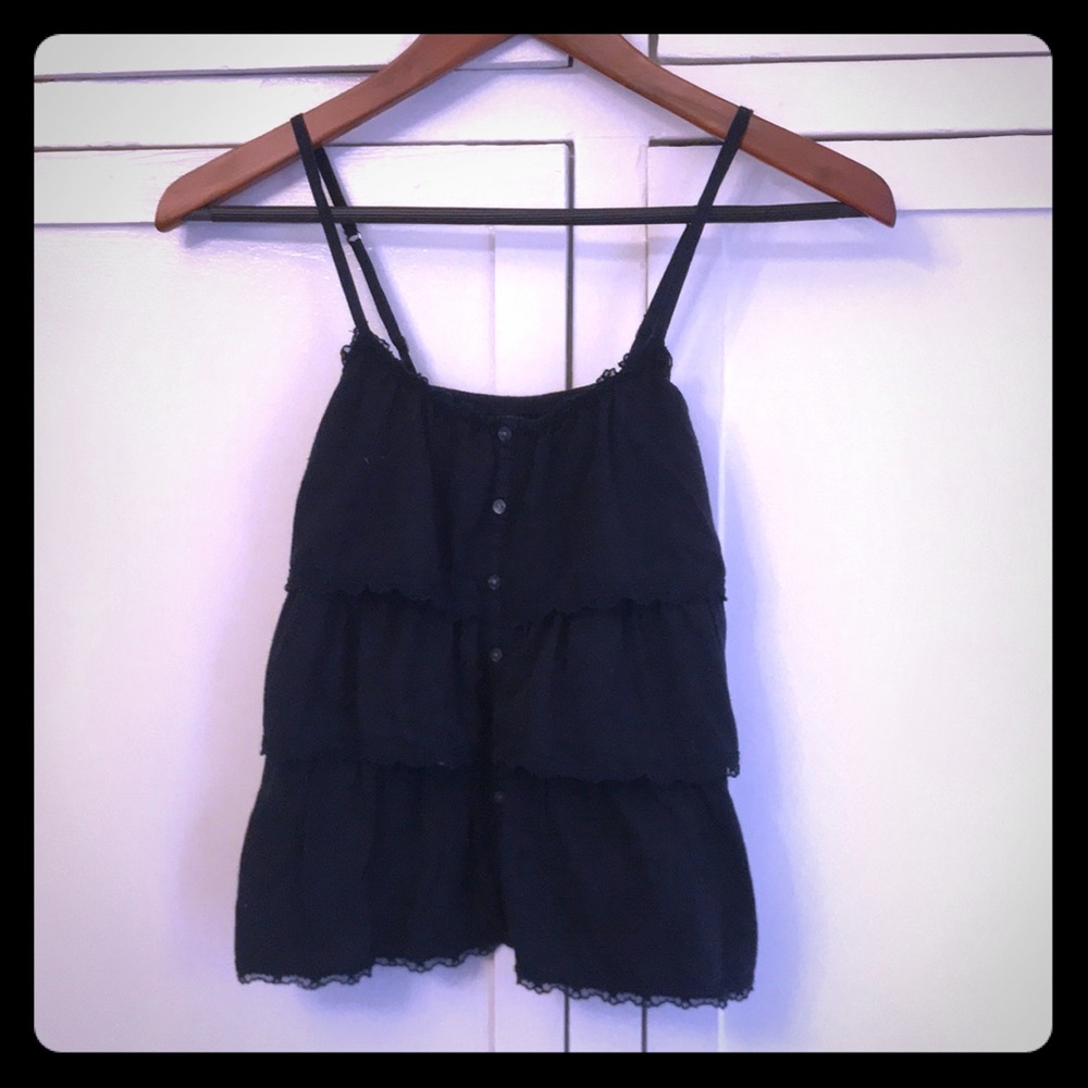Dark navy ruffle tank top.
